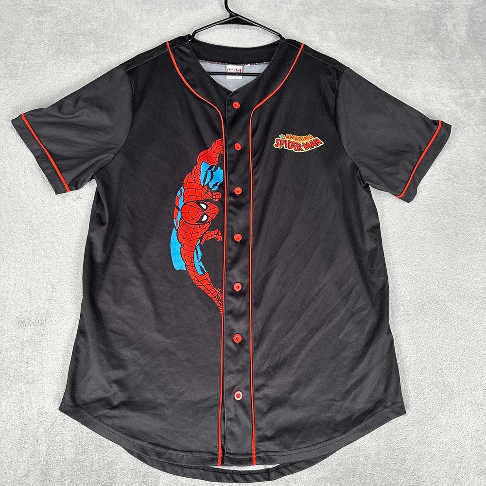 Marvel Amazing Spider-Man Baseball Jersey Mens M Black Button Front Shirt 62
